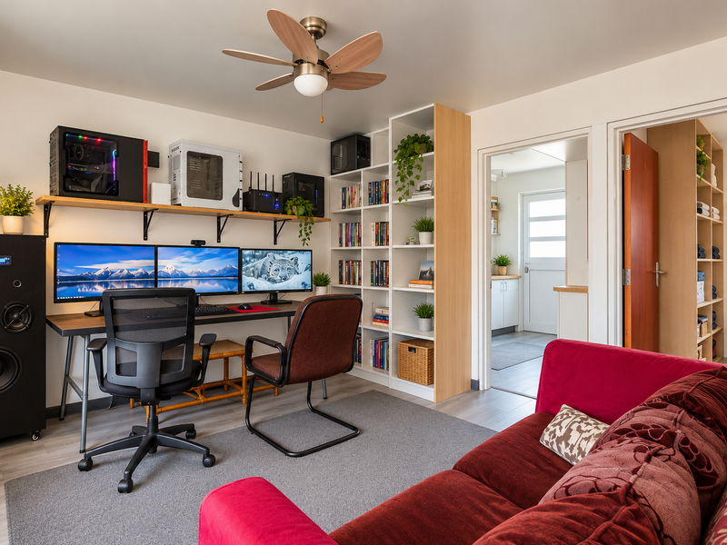 A well-maintained living area featuring a ceiling fan, built-in shelving, and laminate flooring, with direct access to an adjacent room.