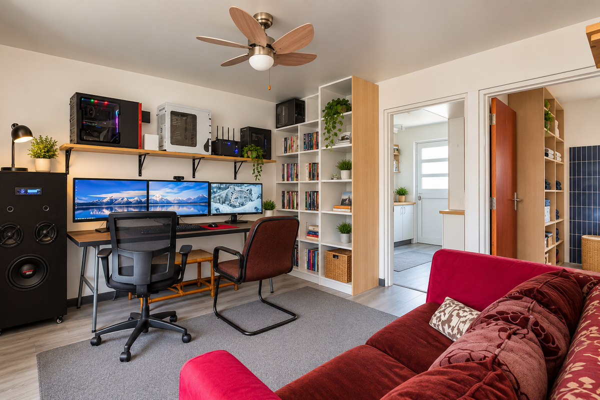 A well-maintained living area featuring a ceiling fan, built-in shelving, and laminate flooring, with direct access to an adjacent room.