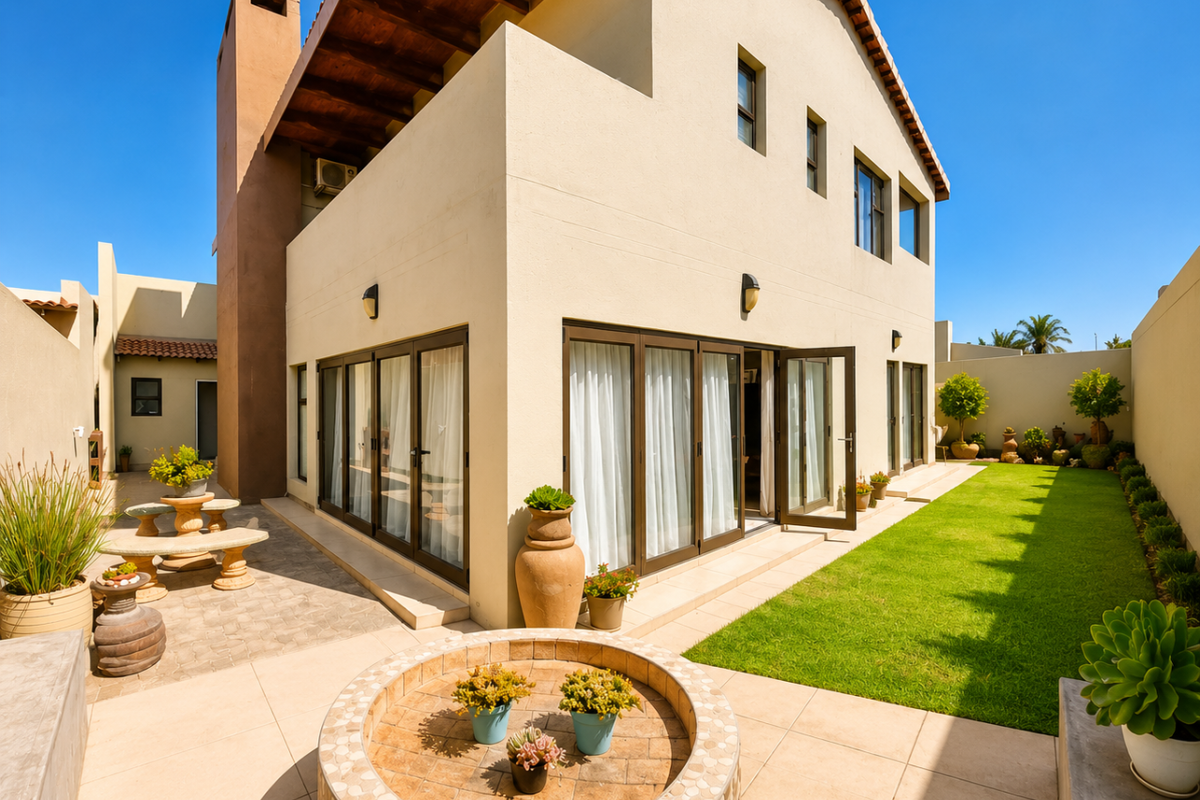 A well-maintained rear exterior view featuring a paved patio area, a built-in circular fire pit, and a manicured lawn with modern architectural design.
