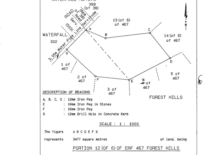 A formal sub-divisional diagram for Portion 12 of Erf 467 Forest Hills, detailing boundary measurements, coordinates, and registered servitudes for the 3477 square metre property.