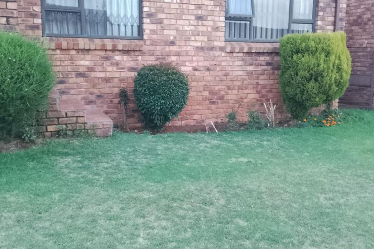A view of the rear face-brick exterior wall featuring aluminium window frames with security bars and a well-maintained lawn area.