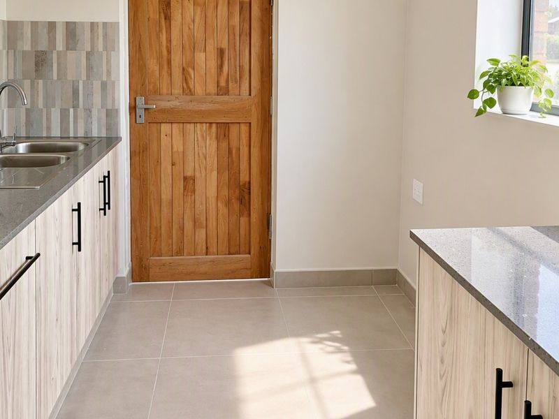 A modern, well-lit scullery featuring stone countertops, double stainless steel sink, tiled backsplash, and ample built-in cabinetry with a natural timber door.