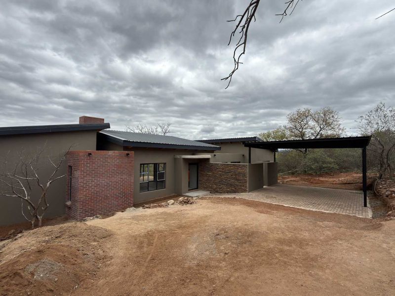 Modern single-story home exterior featuring a combination of brick and stone cladding, a metal roof, and an integrated carport with a paved driveway.