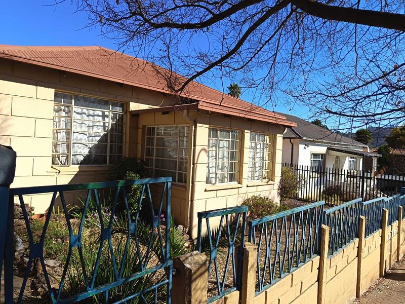 Front elevation of a single-story house featuring a corrugated metal roof, steel-framed windows, and a gated boundary wall.