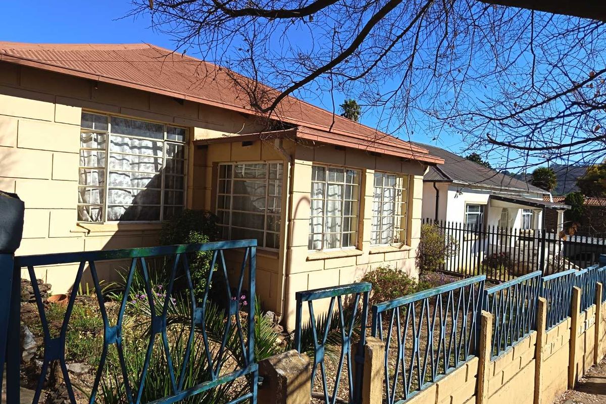 Front elevation of a single-story house featuring a corrugated metal roof, steel-framed windows, and a gated boundary wall.
