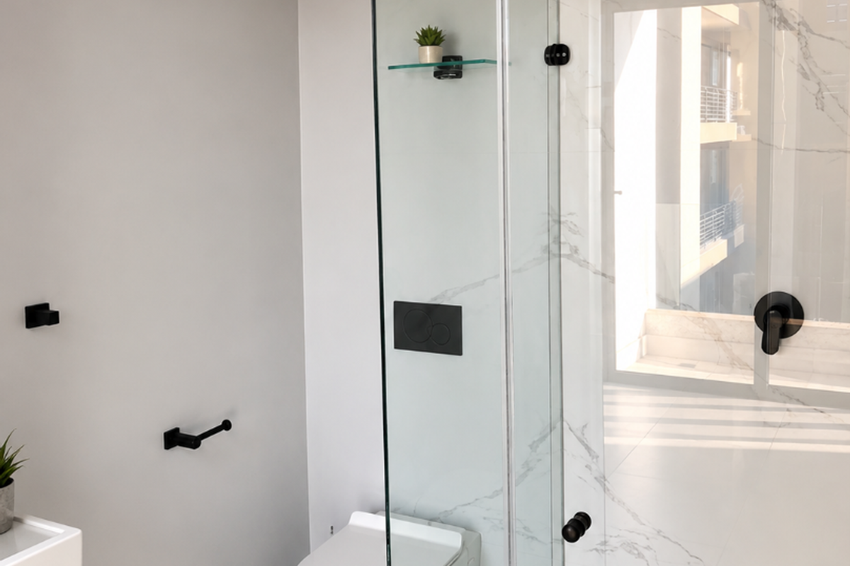 Modern bathroom featuring a wall-hung toilet, glass-enclosed shower with rain head, marble-look tiling, and contemporary black matte fixtures.
