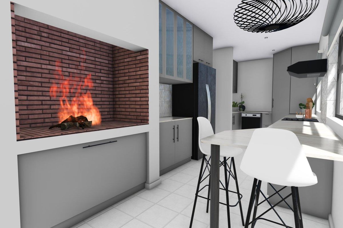 Modern kitchen featuring a built-in indoor braai, sleek grey cabinetry, tiled flooring, and a breakfast bar area.