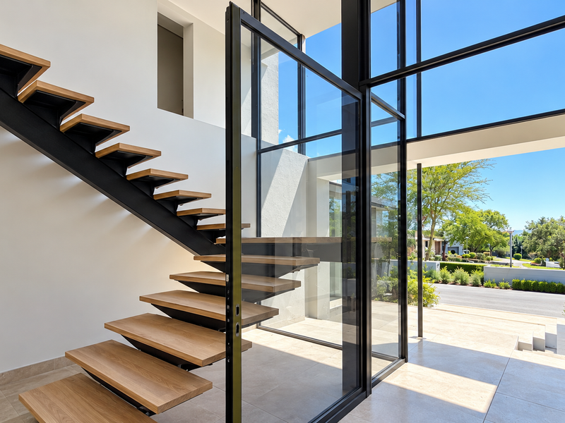 Modern entrance hall featuring a striking floating staircase with timber treads and a large glass pivot door opening to the exterior.