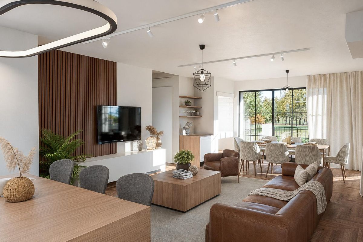 Modern open-plan living and dining area featuring timber slat wall paneling, track lighting, and large industrial-style windows overlooking the garden.