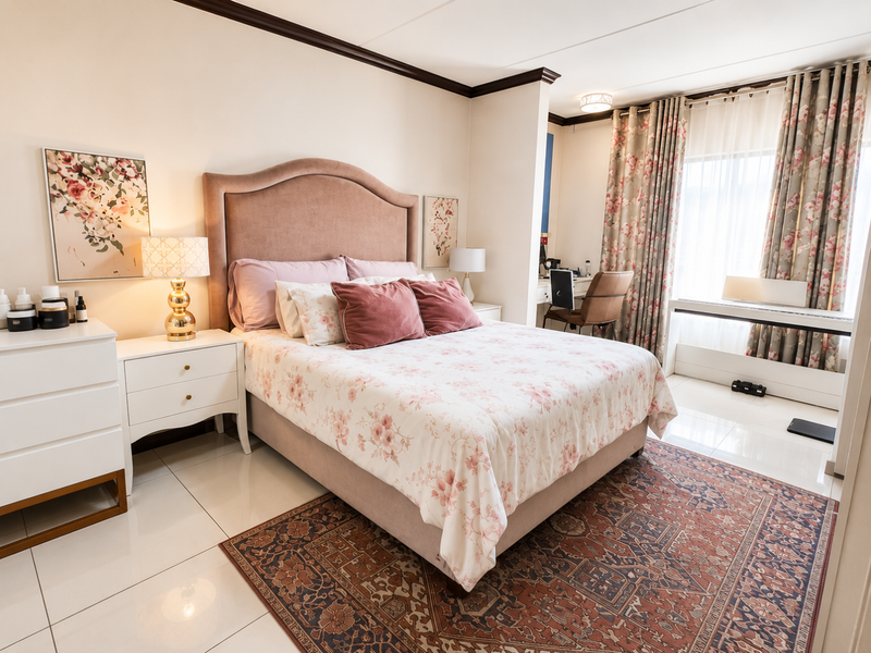 A well-maintained bedroom featuring tiled flooring, crown molding, and a large window allowing for natural light.