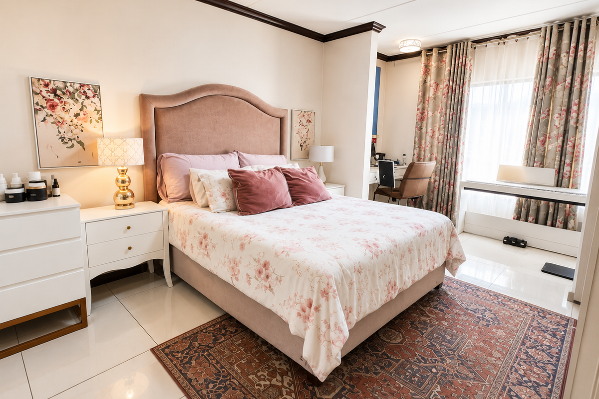 A well-maintained bedroom featuring tiled flooring, crown molding, and a large window allowing for natural light.