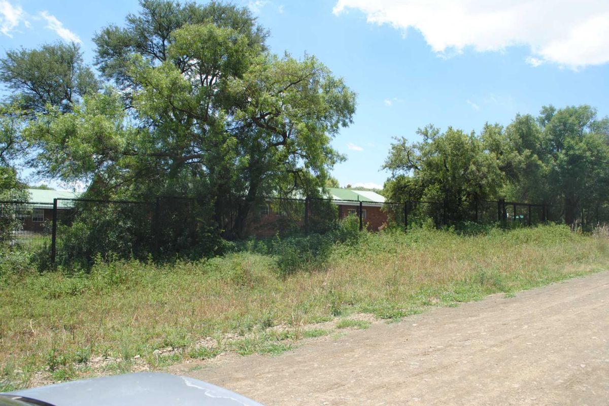A view of a vacant residential plot featuring mature trees and perimeter fencing, accessible via an unpaved road.