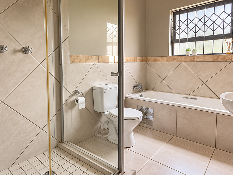 A clean, well-maintained bathroom featuring a separate shower enclosure, bathtub, and pedestal basin with neutral wall and floor tiling.