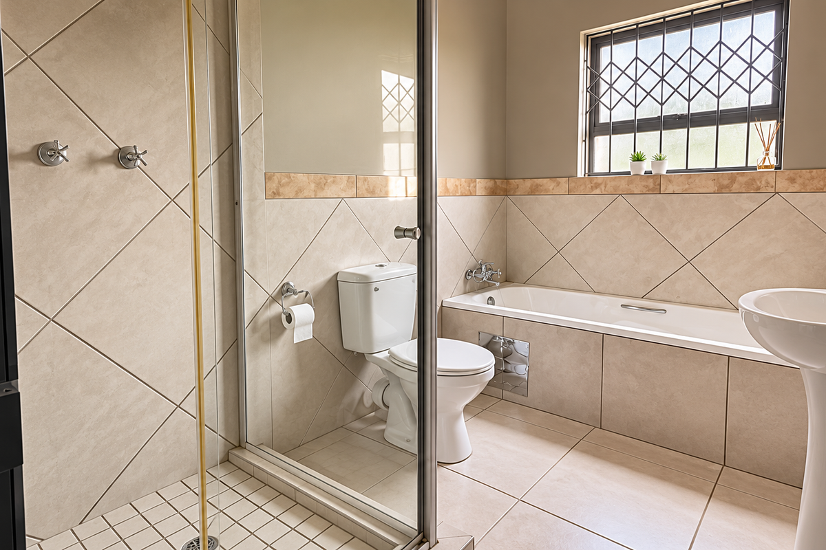 A clean, well-maintained bathroom featuring a separate shower enclosure, bathtub, and pedestal basin with neutral wall and floor tiling.