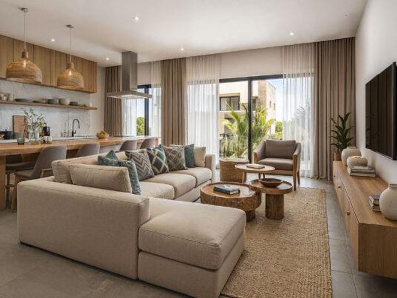 Modern open-plan living area featuring a sleek kitchen with integrated cabinetry, breakfast bar, and seamless flow to a bright, curtained patio space.