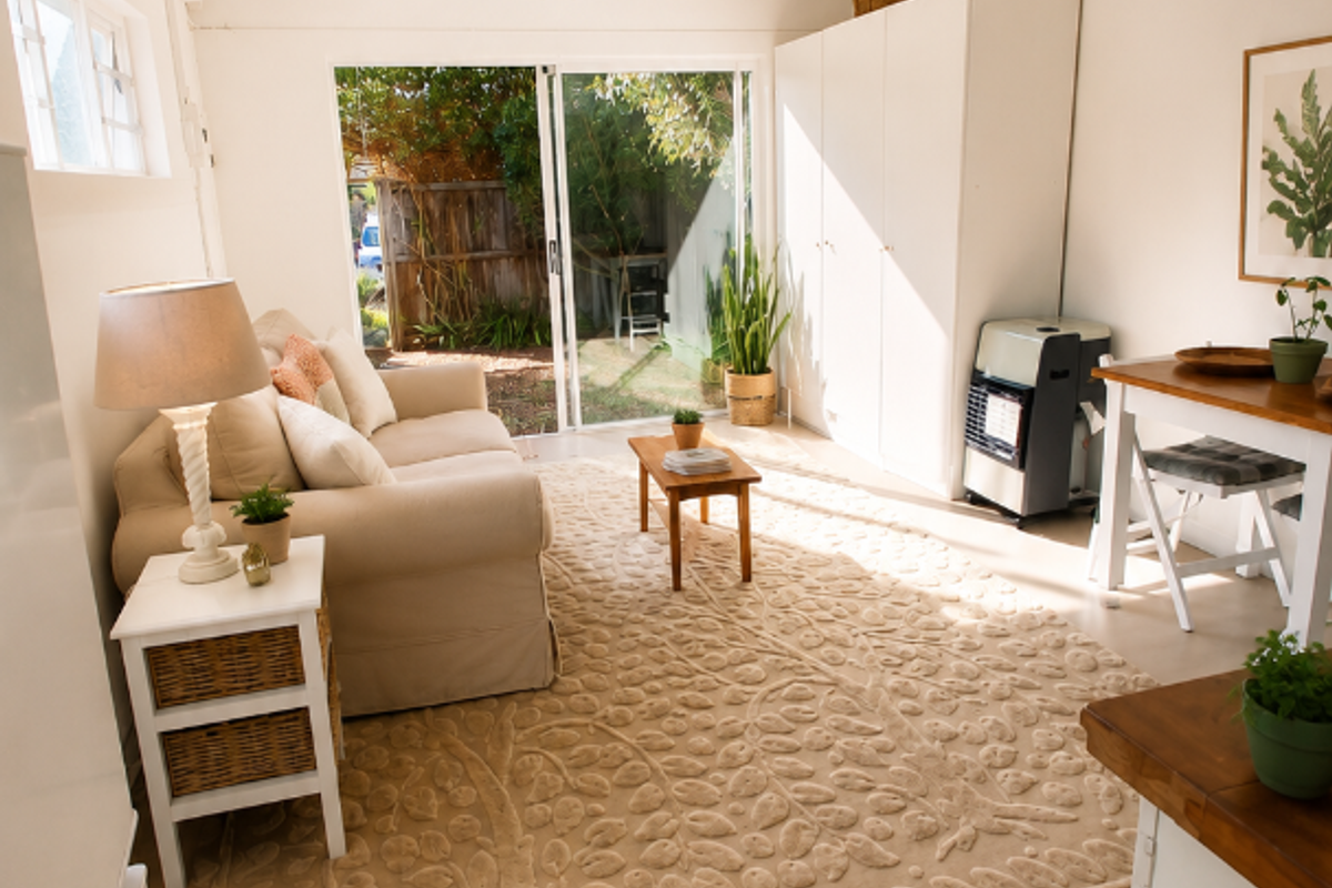 A bright and airy living room featuring exposed ceiling beams, a ceiling fan, and sliding glass doors that provide direct access to the garden.