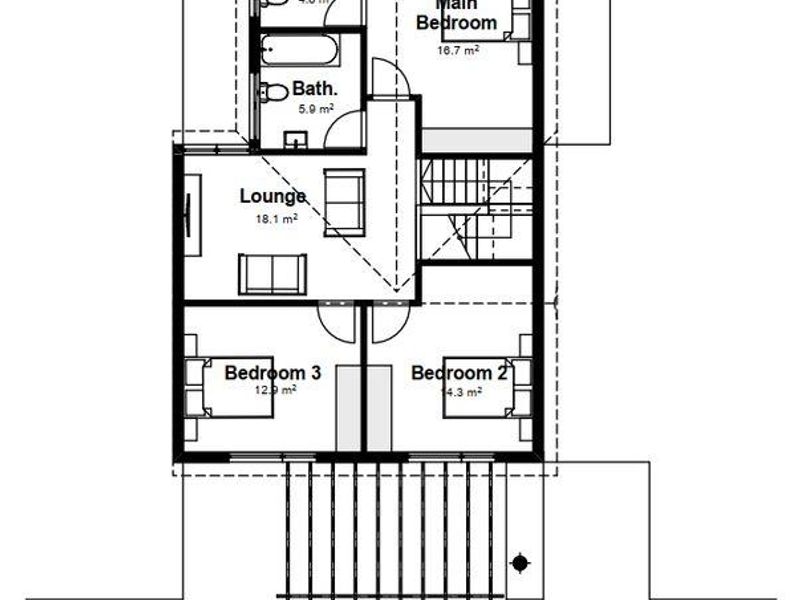 A detailed first-floor architectural floor plan showing the layout of three bedrooms, a lounge, and two bathrooms.