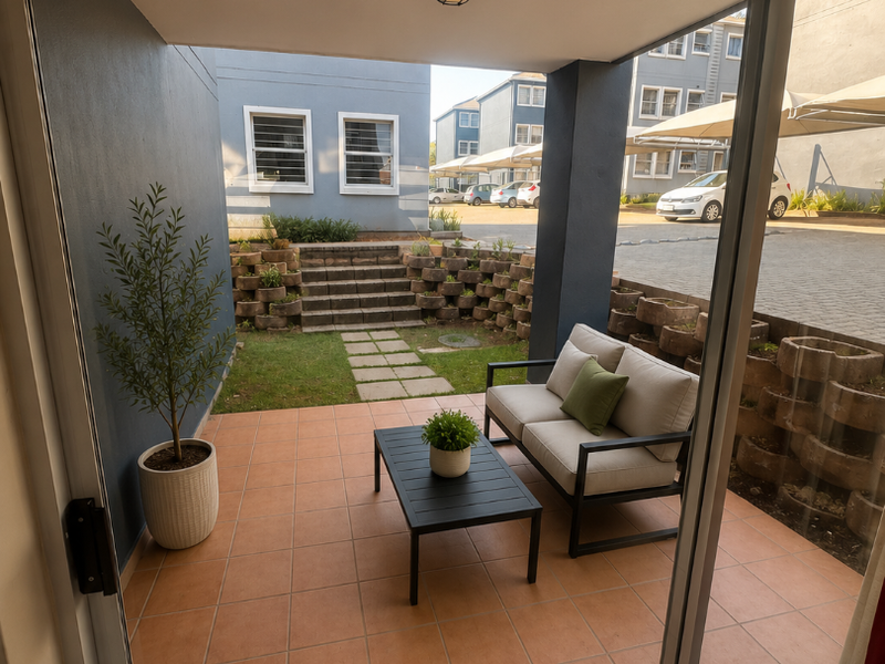 A covered patio area featuring tiled flooring, a retaining wall, and direct access to a small garden space through sliding glass doors.