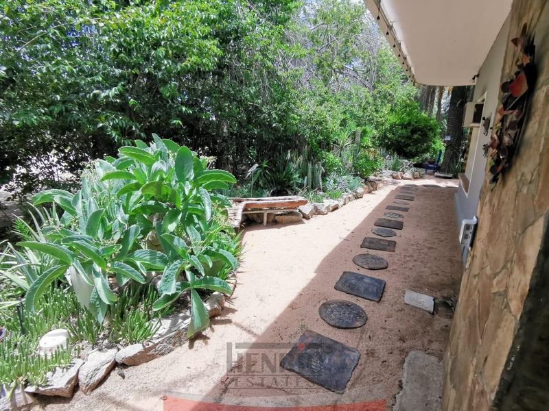 A covered outdoor patio area featuring stone cladding and a natural stone pathway leading through a landscaped garden with mature trees and shrubs.