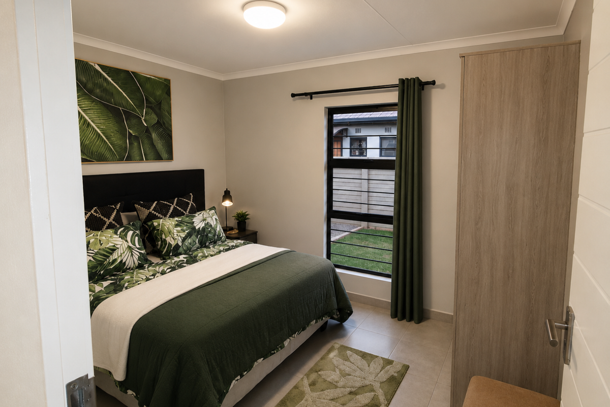 A well-maintained bedroom featuring tiled flooring, a built-in wardrobe, and an aluminium-framed window overlooking the rear garden area.