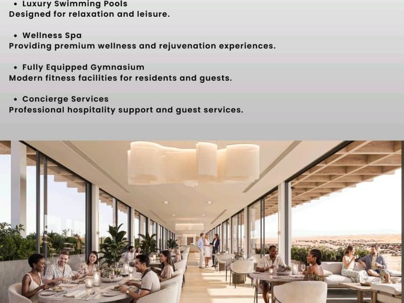 A promotional graphic featuring a rendering of a modern hotel dining area with large windows and outdoor views.