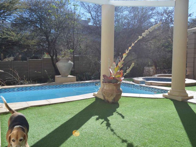 Outdoor pool area featuring a swimming pool, integrated spa, synthetic lawn, and structural columns, providing a functional space for outdoor recreation.
