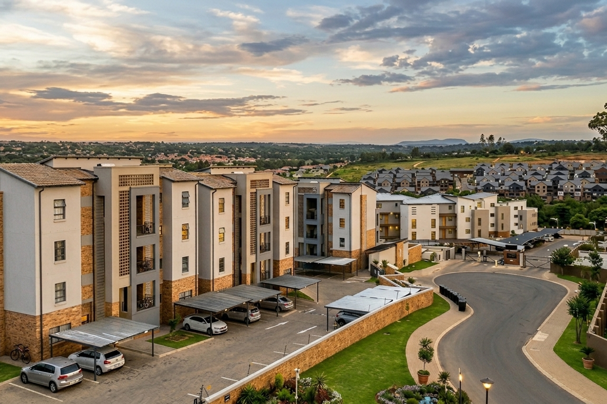 Aerial view of a modern apartment complex featuring multi-story residential buildings, covered parking bays, and landscaped grounds at sunset.