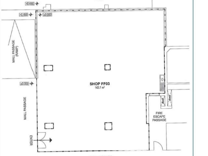 Architectural floor plan for retail shop FF03, featuring a 143.7 square meter layout with mall access and fire escape passage.
