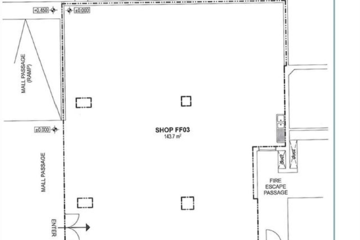 Architectural floor plan for retail shop FF03, featuring a 143.7 square meter layout with mall access and fire escape passage.