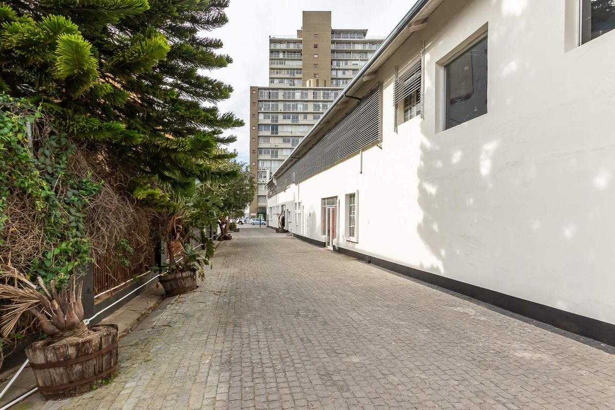 A paved rear exterior walkway featuring a white building facade with metal window louvers and mature landscaping.