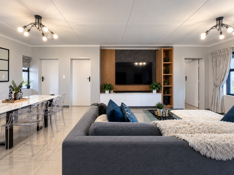 A modern open-plan living and dining area featuring a stylish media wall with timber accents, tiled floors, and contemporary lighting throughout.