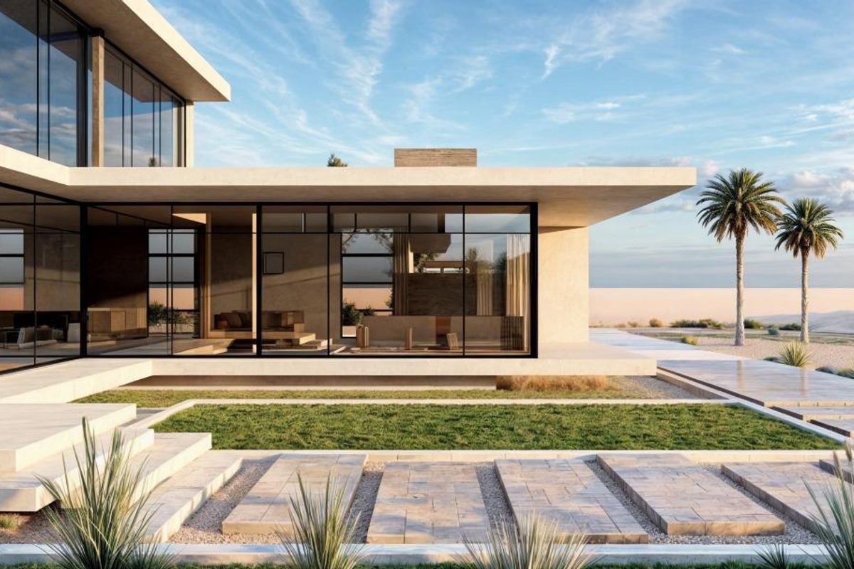 Modern architectural rear elevation featuring expansive floor-to-ceiling glass walls, a sleek concrete patio, and manicured garden landscaping.