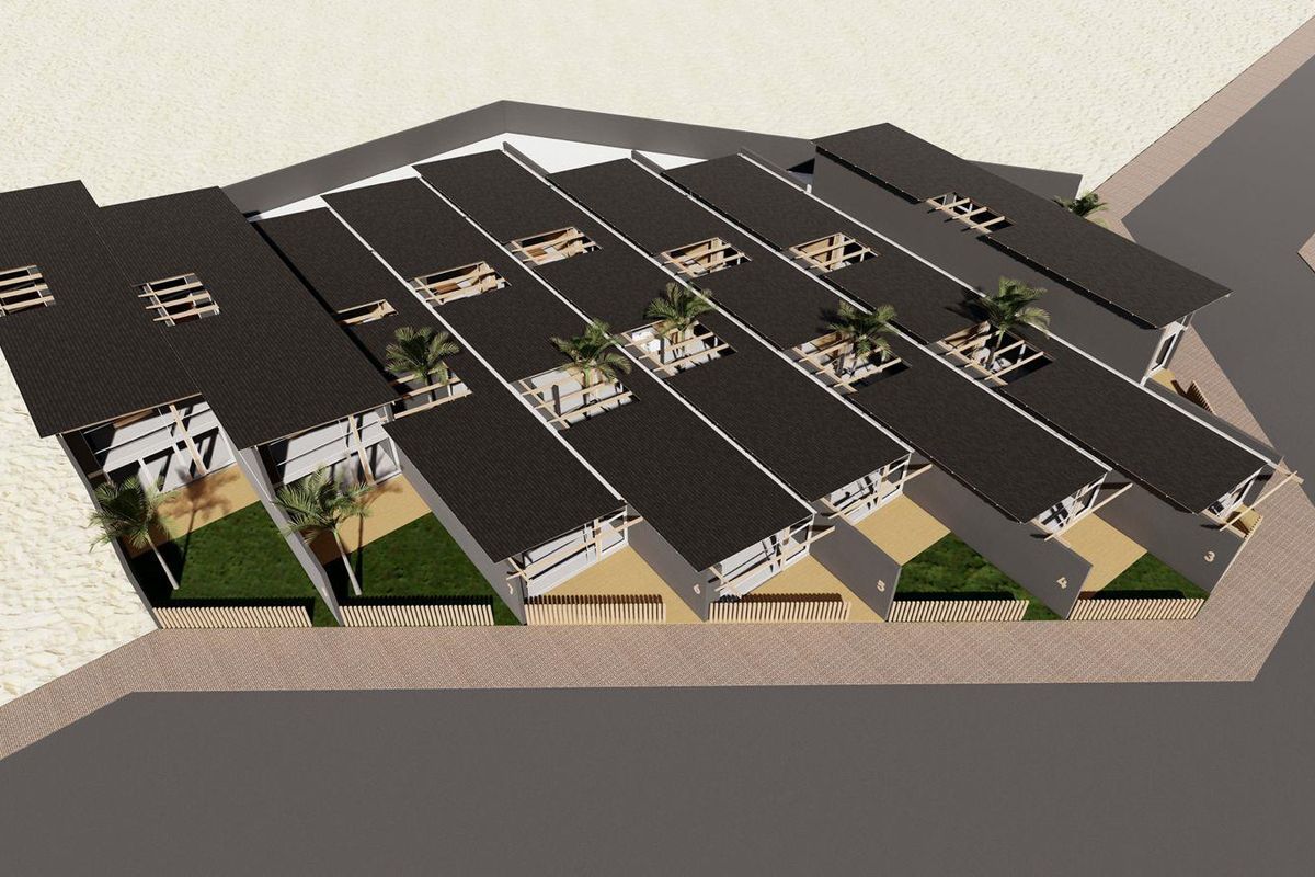 An aerial 3D architectural render showing the layout and roof design of a townhouse complex development.