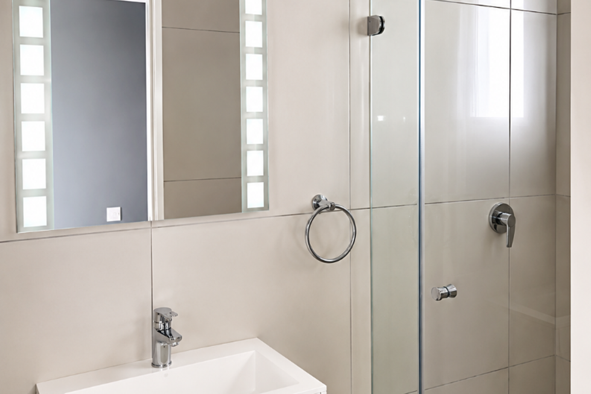 Modern bathroom featuring a sleek vanity with basin, illuminated mirror, and a glass-enclosed shower with contemporary chrome fixtures and neutral wall tiling.