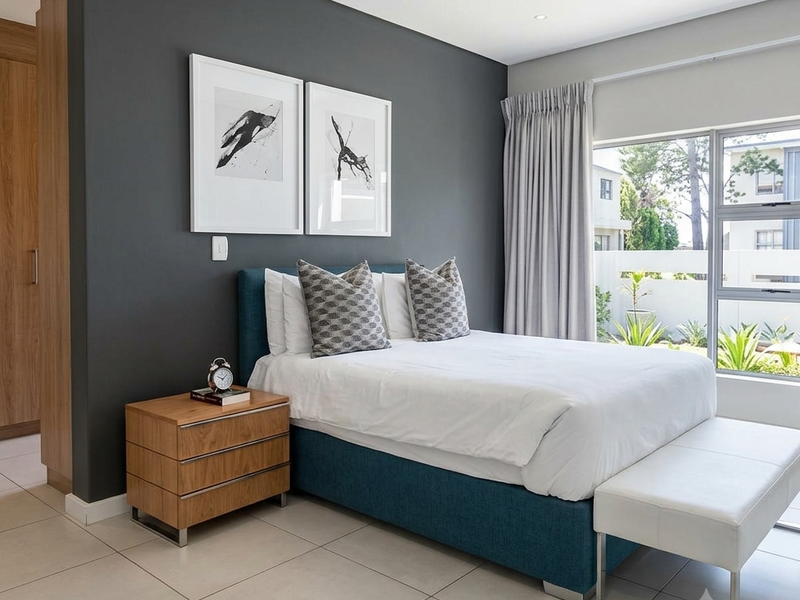 Modern bedroom featuring neutral tiled flooring, a dark accent wall, built-in cabinetry, and large windows providing natural light.