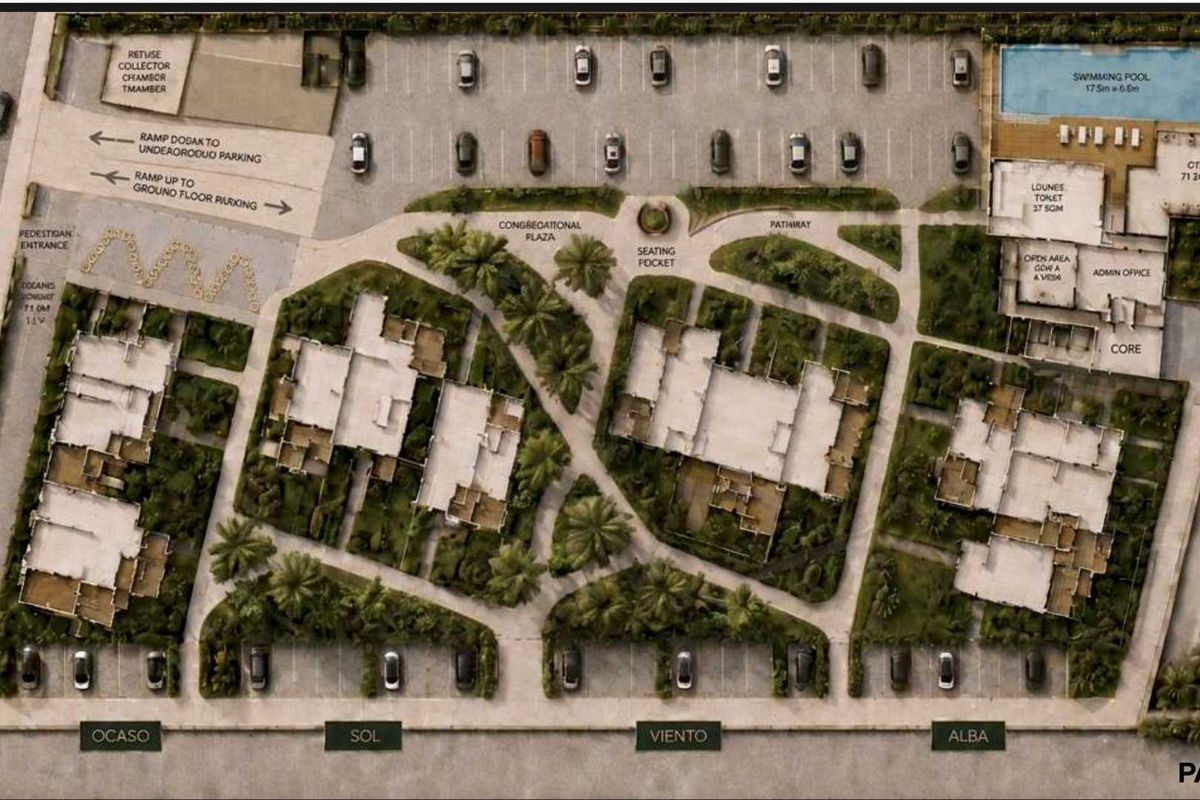 An architectural site plan showing the layout of the residential complex, including building footprints, parking areas, swimming pool, and landscaped grounds.