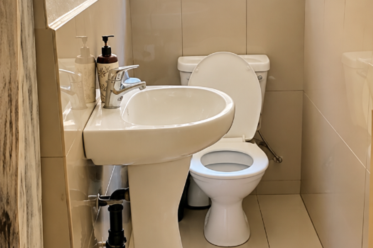 A compact bathroom featuring a pedestal basin, toilet, and neutral wall and floor tiling with a window providing natural light.