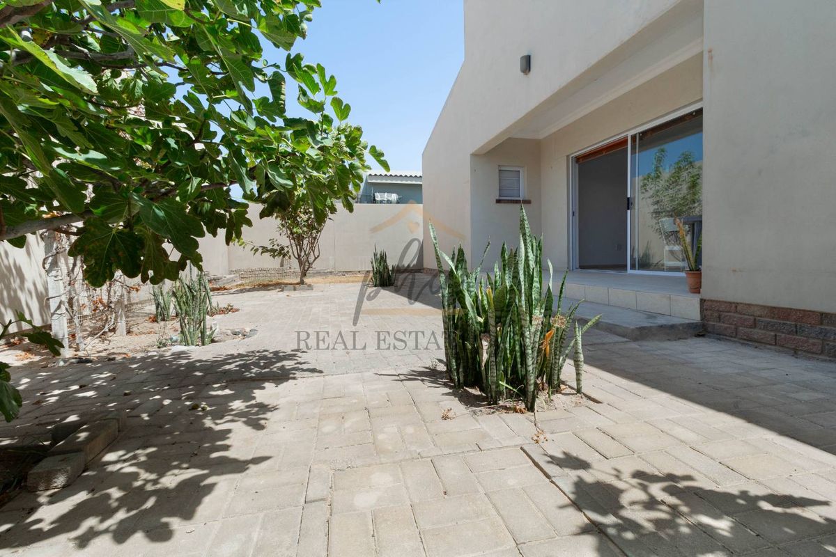 A paved rear courtyard area featuring a sliding door entrance, perimeter walling, and established garden elements.