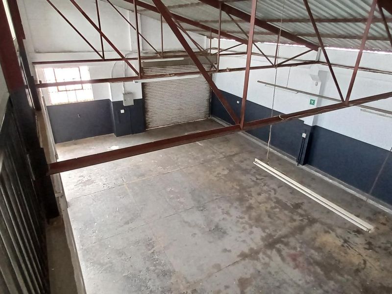Spacious industrial utility area featuring exposed steel roof trusses, concrete flooring, and a large roller shutter door, suitable for various commercial or storage uses.