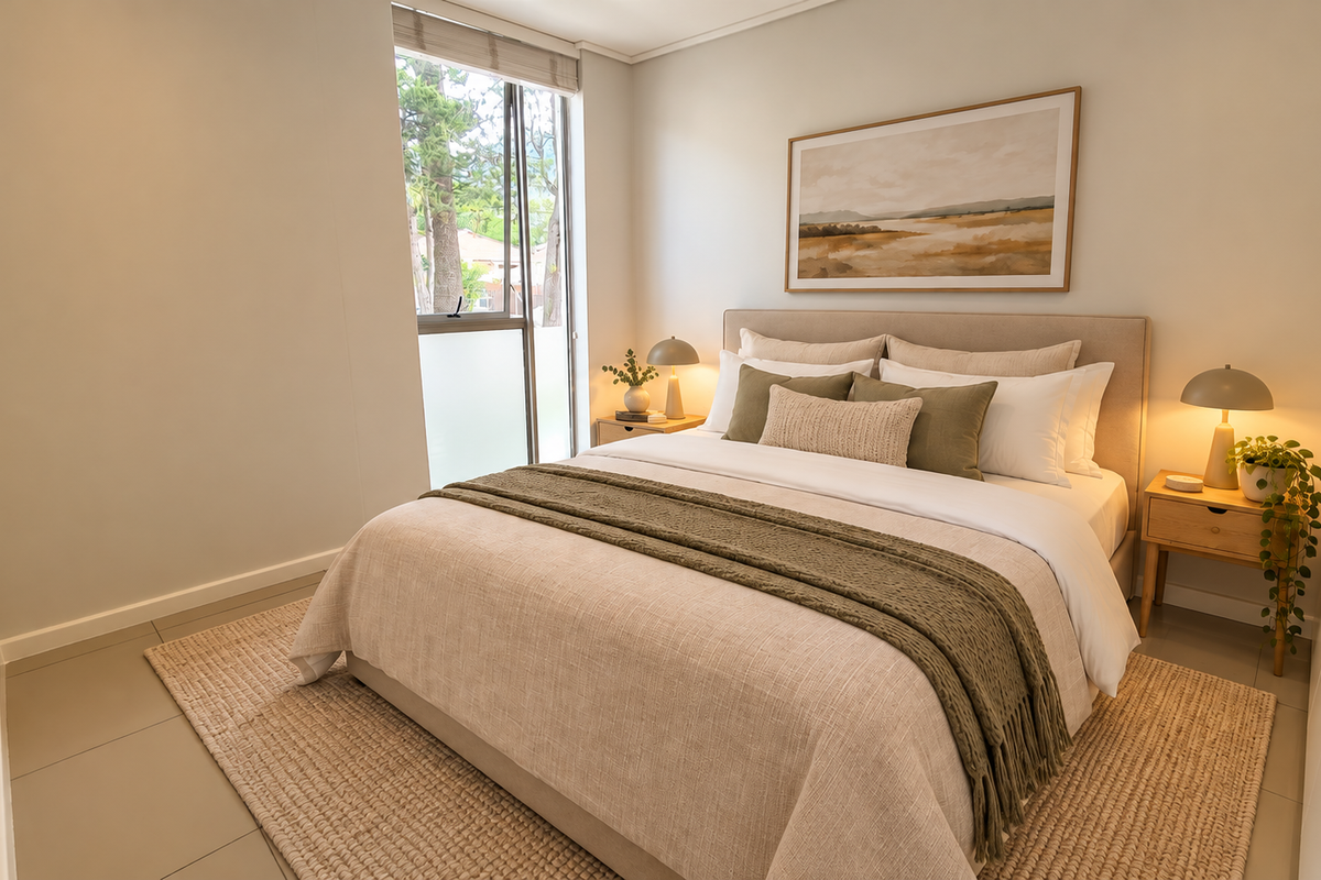 A well-lit, modern bedroom featuring neutral tones, tiled flooring, and a built-in wardrobe, offering a clean and comfortable living space.