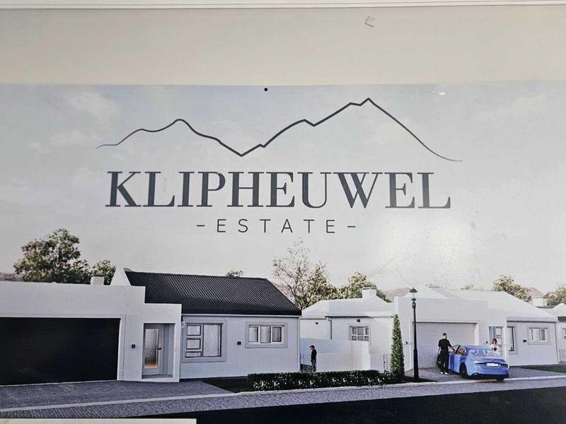 A promotional rendering of the Klipheuwel Estate, showcasing modern residential homes with garages and paved driveways.