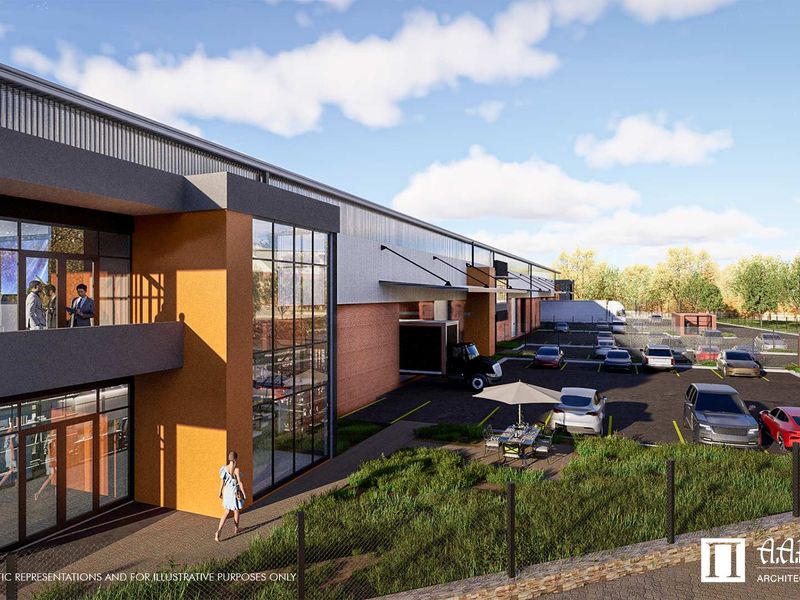 Architectural rendering of a modern industrial facility featuring large glass facades, brick accents, and an integrated parking area.