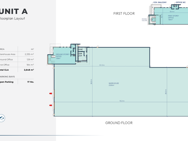 Architectural floor plan layout for Unit A, detailing the ground floor warehouse and office space, plus the first-floor office area.