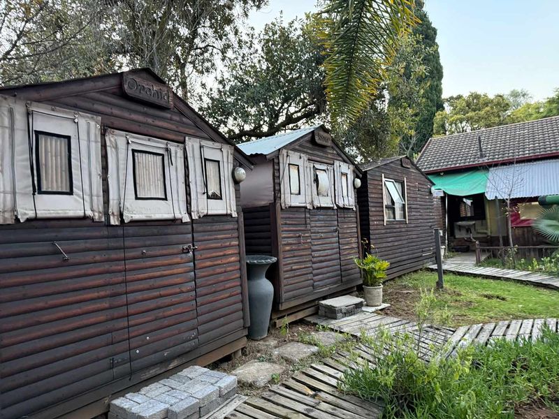 A series of rustic timber log cabins situated in a garden setting with wooden walkways connecting the structures.