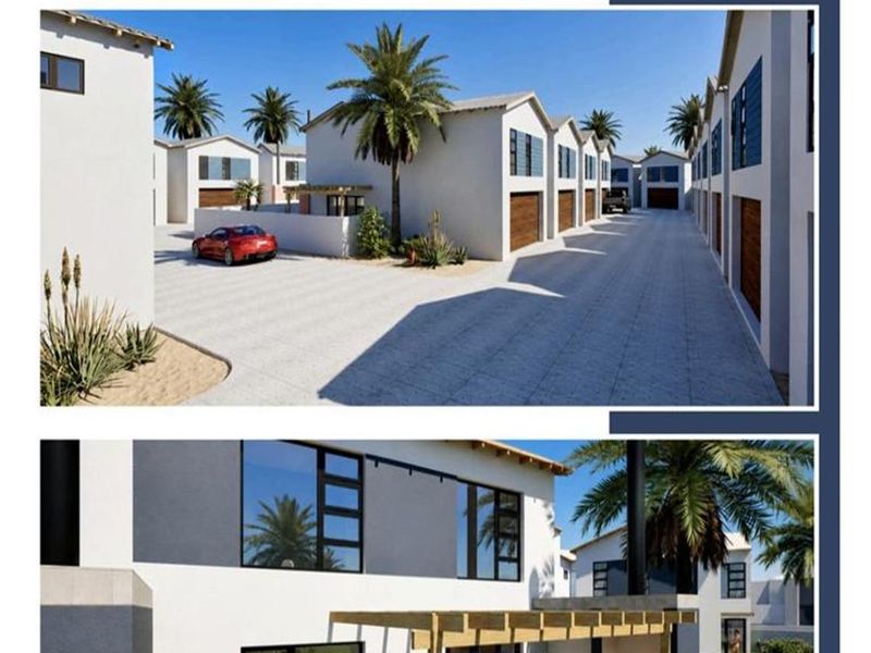 A modern townhouse complex featuring paved driveways, integrated garage doors, and contemporary architectural design with timber pergola accents.
