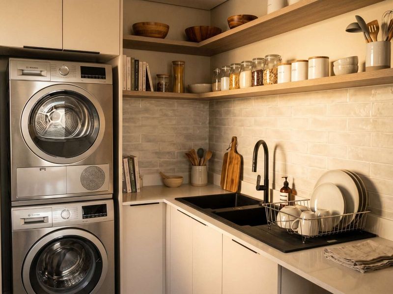 Modern, well-appointed laundry room featuring stacked appliances, sleek cabinetry, stone countertops, subway tile backsplash, and functional floating timber shelving.
