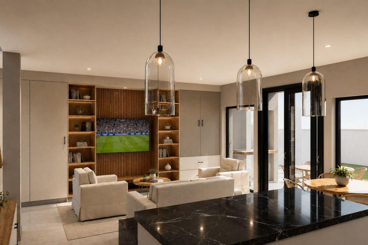 Modern open-plan living area featuring a sleek black marble kitchen island, custom built-in cabinetry, slatted timber feature wall, and seamless access to the patio.