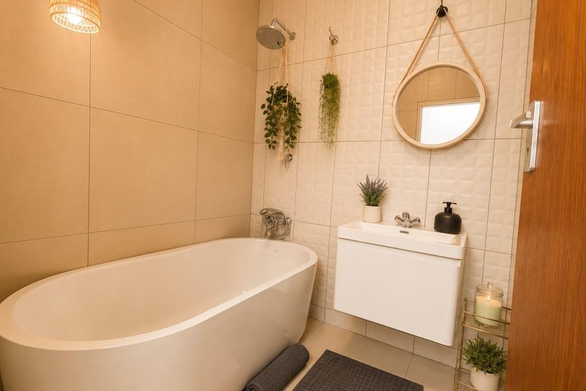 Modern bathroom featuring a sleek freestanding bathtub, wall-mounted vanity, and contemporary tiled finishes.