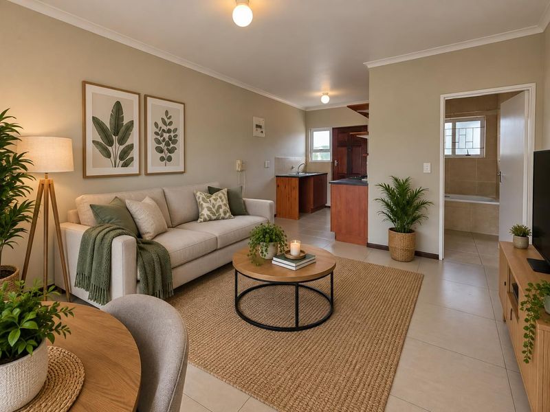 An open-plan living area featuring tiled floors, neutral walls, and a functional kitchen space with built-in cabinetry, leading to an adjacent bathroom.