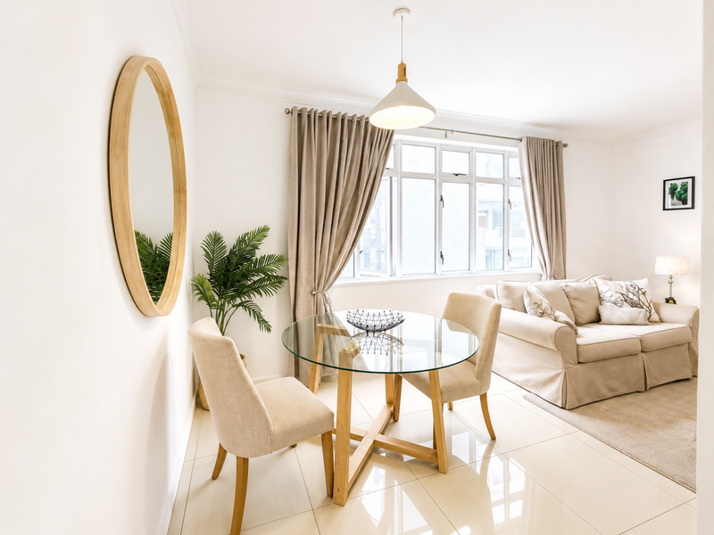 Bright open-plan living and dining area featuring polished tiled flooring, neutral walls, and large aluminium-framed windows providing ample natural light.